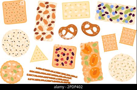 Healthy snacks seed nuts and fruits. Rice seed cracker and bread, biscuit with seeds. Dry fruit, energy athletic sport food. Snack options racy vector Stock Vector