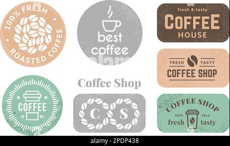 Coffee shop, cafe grunge labels. Messy textured stickers, decorative packing elements with cup, beans and text samples. Banners vector templates Stock Vector
