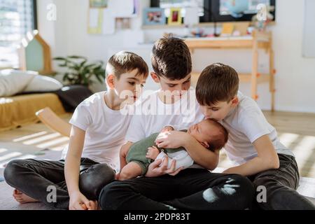 Three big brothers with their little newborn brother. Stock Photo
