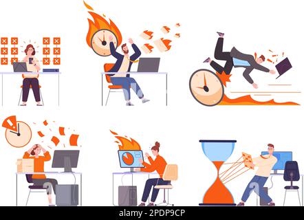Unability of planning. Unable tasks inefficient plan time work, fail projects lazy people on computer stressful process organized tasking tools, vector illustration of inefficient task and planning Stock Vector