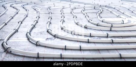 Layout of pipes for hydronic underfloor heating Stock Photo