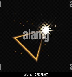 Abstract realistic luxury triangle geometric shape with glowing light effect. burst of beams and magic explosion vector illustration. Golden luminous eclipse in dark space with flare sparkles. Stock Vector