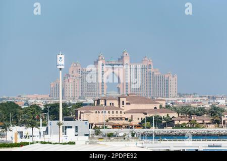 View of Atlantis The Palm Hotel Resort on Palm Jumeirah from Dubai Harbour, Dubai, United Arab Emirates Stock Photo
