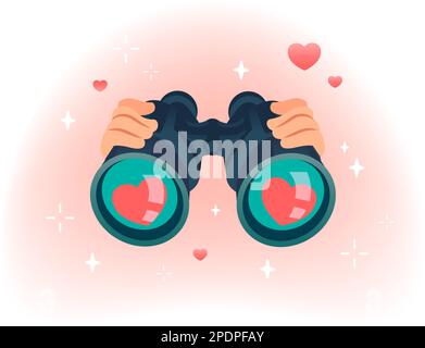 Binocular search love. Man hands holding binoculars glasses and looking loving girl or guy them, searching heart couple dating banner concept, cartoon vector illustration of look binocular through Stock Vector