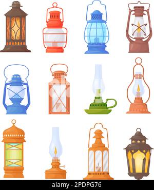 Cartoon oil lanterns. Camping lantern or old kerosene gas lamp with holder for garden, romantic night light camp travelling retro lighting game icon vector illustration of equipment lamp and lantern Stock Vector