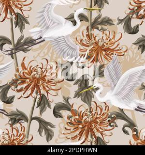 Seamless pattern with white heron and chrysanthemum, golden-daisy. Vector. Stock Vector
