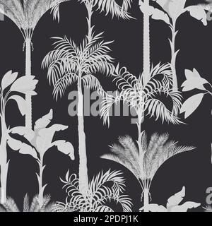 Seamless pattern with monochrome silhouette palms and tropical trees. Vector. Stock Vector