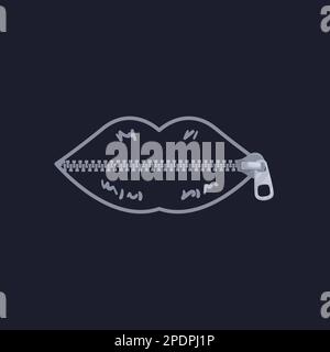 Zipped lips. Shut-up icon closed mouth, violence concept silence drawing female lip on zipper lock, quiet expressive logo zip fastener woman keep secret vector illustration of quiet zip and mute Stock Vector