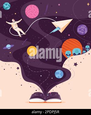 Space book imagination. Inspiring storybook galaxy environment and cosmos storytelling for school kids reading, learning education magic space universe vector illustration of space imagination book Stock Vector