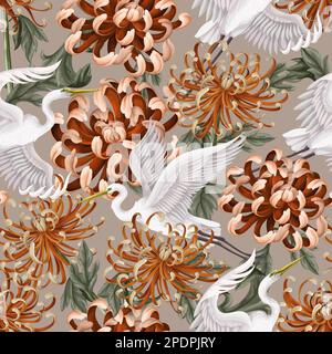 Seamless pattern with white heron and chrysanthemum, golden-daisy. Vector. Stock Vector