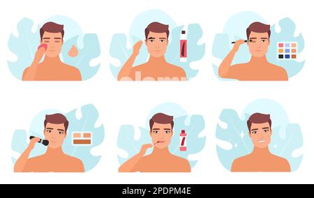 Makeup for man set vector illustration. Cartoon portrait of handsome male characters holding makeup sponge and brushes, making professional makeover with facial cosmetic products, beauty care Stock Vector