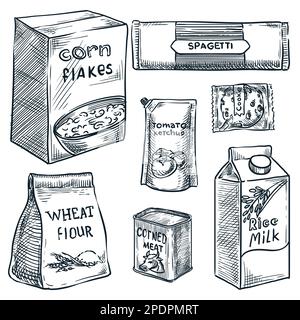 Food in packages, design elements set isolated on white background. Meal in cardboard boxes and plastic packaging hand drawn vector sketch illustratio Stock Vector