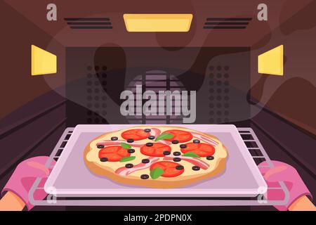 Hands of chef in protection kitchen mitts open oven door to pull out tray with baked pizza vector illustration. Cartoon person baking dough stuffed with sausage, cheese and tomato sauce on hot pan Stock Vector
