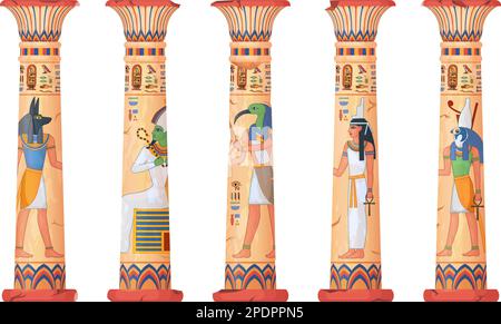 Egypt columns. Pillars of ancient egyptian temple, old stone or clay column god pharaohs engraving, capital sun throne temples ruins, cartoon ingenious vector illustration of ancient egyptian pillar Stock Vector