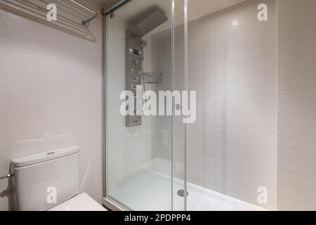 Glassed-in shower with modern controls next to the toilet in a compact bathroom. Concept of a bathroom in a five-star hotel or in new apartment Stock Photo