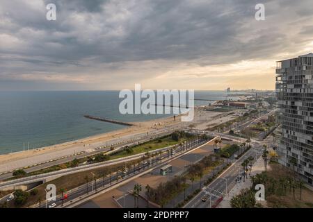 Aerial view of the beautiful landscape of Barcelona at area Diagonal Mar. Llevant and Nova Mar Bella beaches with developed infrastructure, new high Stock Photo