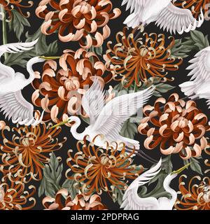 Seamless pattern with white heron and chrysanthemum, golden-daisy. Vector. Stock Vector