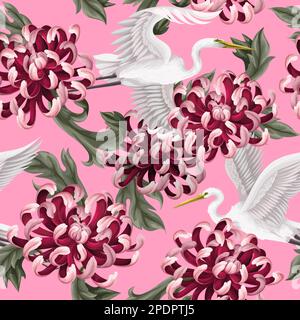 Seamless pattern with white heron and chrysanthemum, golden-daisy. Vector. Stock Vector