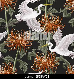 Seamless pattern with white heron and chrysanthemum, golden-daisy. Vector. Stock Vector