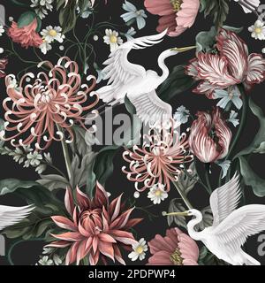 Seamless pattern with white heron and chrysanthemum, golden-daisy. Vector. Stock Vector