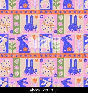 Easter abstract seamless pattern. Repeatable geometric pattern tile design with cute bunnys, eggs and flowers. Vector illustration. Modern minimalism Stock Vector