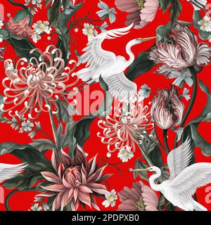 Seamless pattern with white heron and chrysanthemum, golden-daisy. Vector. Stock Vector