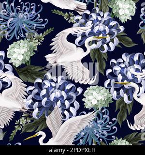 Seamless pattern with white heron and chrysanthemum, golden-daisy. Vector. Stock Vector