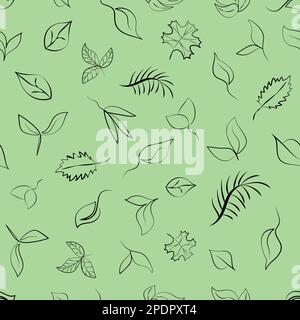 Seamless pattern of green leaves symbolizing eco, green energy, ecology. Vector image, sketch in line art style Stock Vector