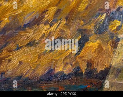 Modern art concept. An artists palette with strokes of yellow, brown and other shades of paint. Abstract colorful background. Close up of mixed brush Stock Photo