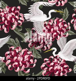 Seamless pattern with white heron and chrysanthemum, golden-daisy. Vector. Stock Vector