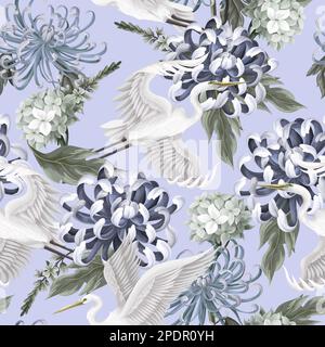 Seamless pattern with white heron and chrysanthemum, golden-daisy. Vector. Stock Vector