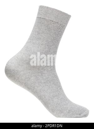 Long heather grey cotton sock on foot mannequin isolated on a white background Stock Photo