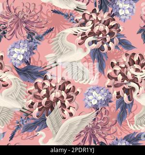 Seamless pattern with white heron and chrysanthemum, golden-daisy. Vector. Stock Vector