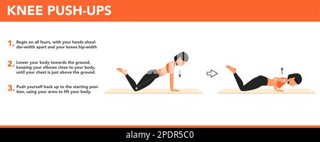 Knee push-ups exercise tutorial. Female workout Stock Vector