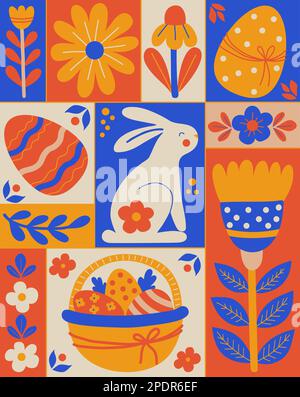 Colorful Easter pattern poster. Modern geometric abstract style. Set vector illustrations Easter eggs, rabbit, basket and flowers. Minimal hand drawn Stock Vector