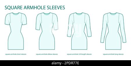 Set of Square armhole sleeves clothes - long, short, 3-4, elow length technical fashion illustration with fitted body. Flat apparel template front side. Women, men unisex CAD mockup Stock Vector