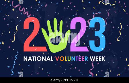 2023 concept National Volunteer week. volunteers communities awareness banner or template with colorful confetti and ribbon design in blue background. Stock Vector