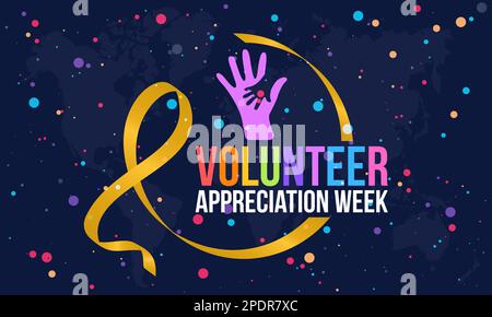 Volunteer Appreciation Week. volunteers communities circle ribbon awareness banner or template with gold and colored design in blue background with do Stock Vector