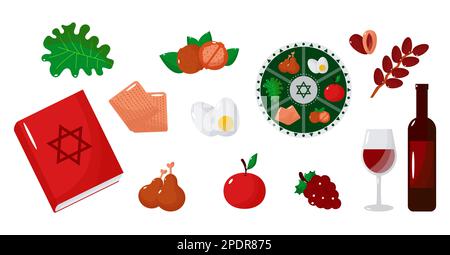Jewish holiday Passover set, Pesach collection, traditional icons and symbols on white background. Vector illustration Stock Vector