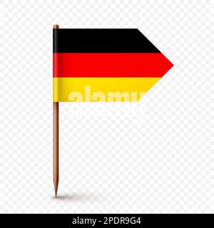 Realistic German toothpick flag. Souvenir from Germany. Wooden toothpick with paper flag. Location mark, map pointer. Blank mockup for advertising and Stock Vector