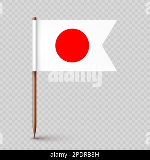Realistic Japanese toothpick flag. Souvenir from Japan. Wooden toothpick with paper flag. Location mark, map pointer. Blank mockup for advertising and Stock Vector