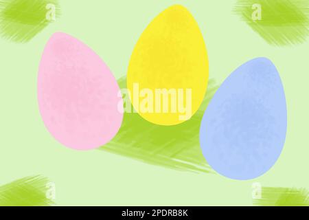 3 Easter Eggs in bright trendy shades on abstract hand drawn background in watercolor. Doodle style. Design for greeting, invitation cards, booklets, brochures or posters, price tag, label or banner. Stock Vector