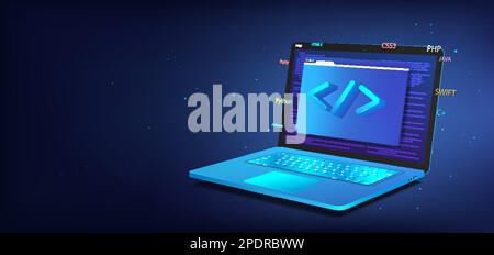 Banner Software development. 3D laptop with programming icon Stock Vector