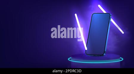 3D smartphone mockup in futuristic stage with neon Stock Vector
