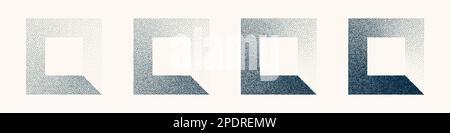 Square shaped dotted objects, vintage stipple elements. Stippling, dotwork drawing shading using dots. Halftone disintegration effect. White noise Stock Vector