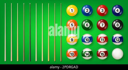 Colorful billiard balls with numbers and various pool cues on green background. Glossy snooker ball. Sports equipment. Vector illustration Stock Vector