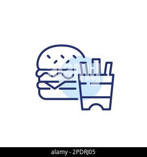 Cheeseburger with lettuce and sesame seed bun. French fries meal. Pixel perfect, editable stroke line icon Stock Vector