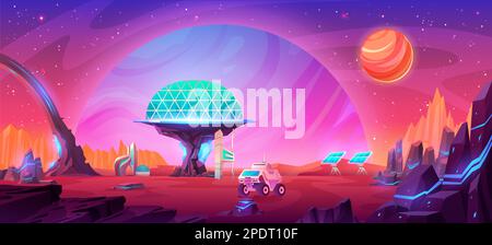 Futuristic city under glass dome on alien planet. Vector cartoon illustration of modern rover, solar panels and space buildings on red rocky landscape. Fantasy science and tecnhology cosmic station Stock Vector