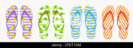 Colorful flip flops set isolated on transparent background. Vector realistic illustration of summer beach slippers with stripes and tropical fruit pattern. Hotel spa or home footwear made of rubber Stock Vector