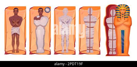 Cartoon set of mummification process steps isolated on white background. Vector illustration of dead man body embalmed in ancient golden sarcophagus. Antique religious tradition of burying pharaoh Stock Vector